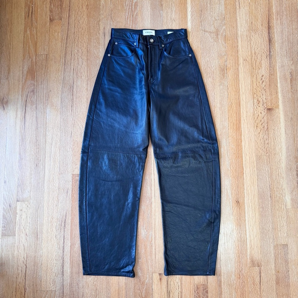 FRAME Denim Black Leather The Bubble High-Waist Luxury Designer NWT Size 25 - Picture 2 of 13